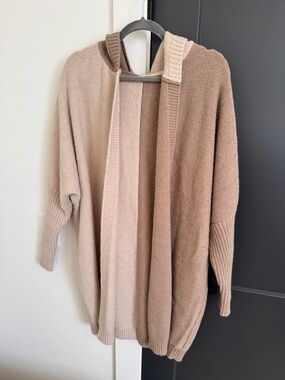 Cozy Two-Tone Hooded Open Cardigan Sweater - Beige & Taupe